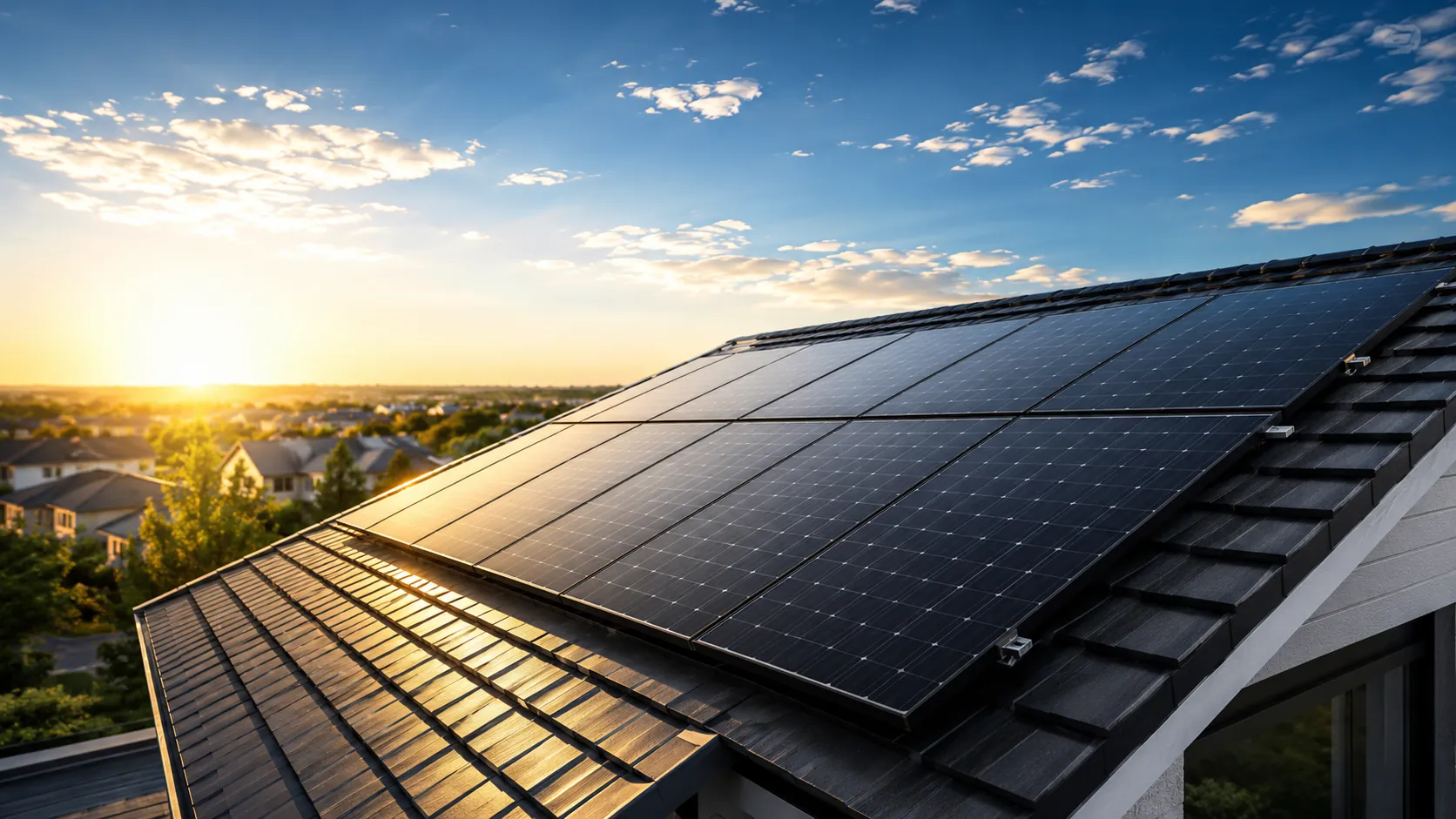 Residential rooftop solar panel installation at sunset