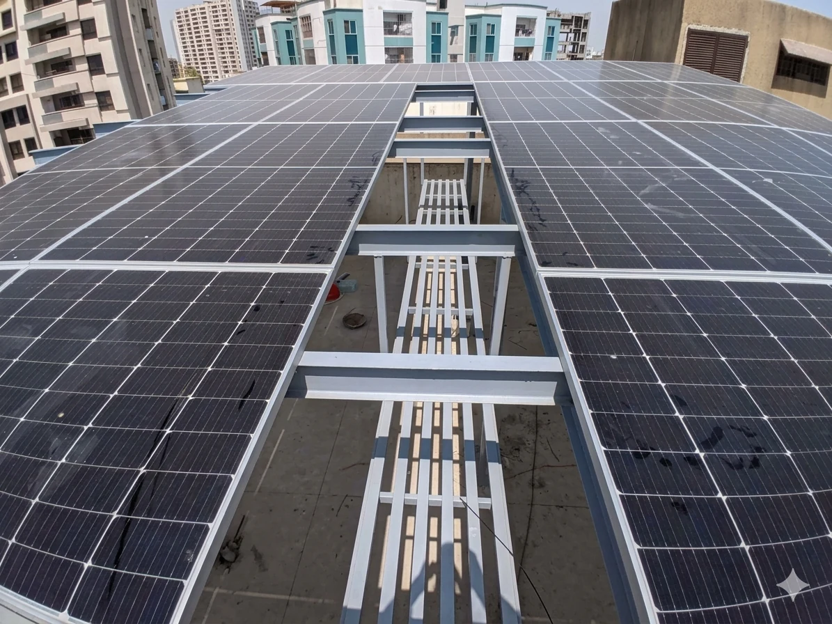Technician inspecting a solar panel installation