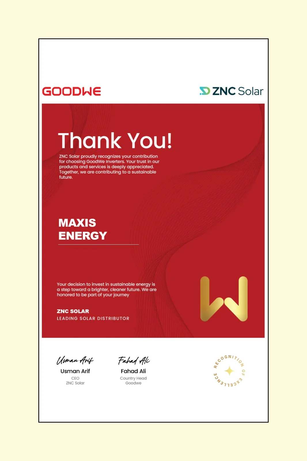 Recognition of Excellence