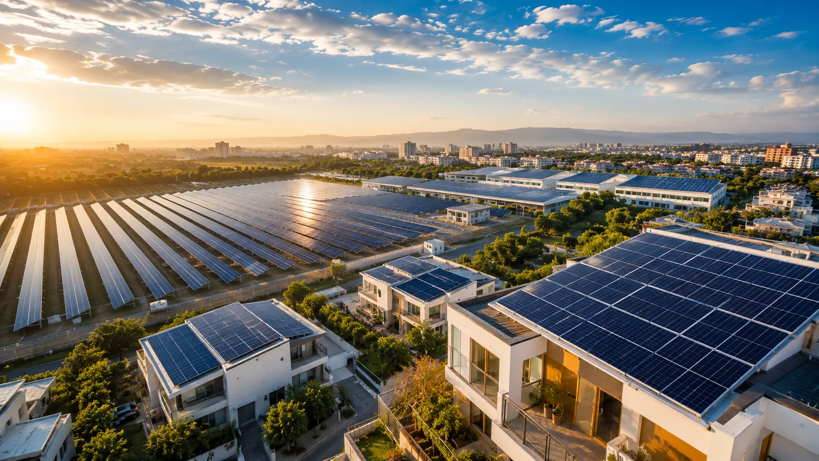 Aerial view of rooftop solar panel installations across a residential neighborhood
