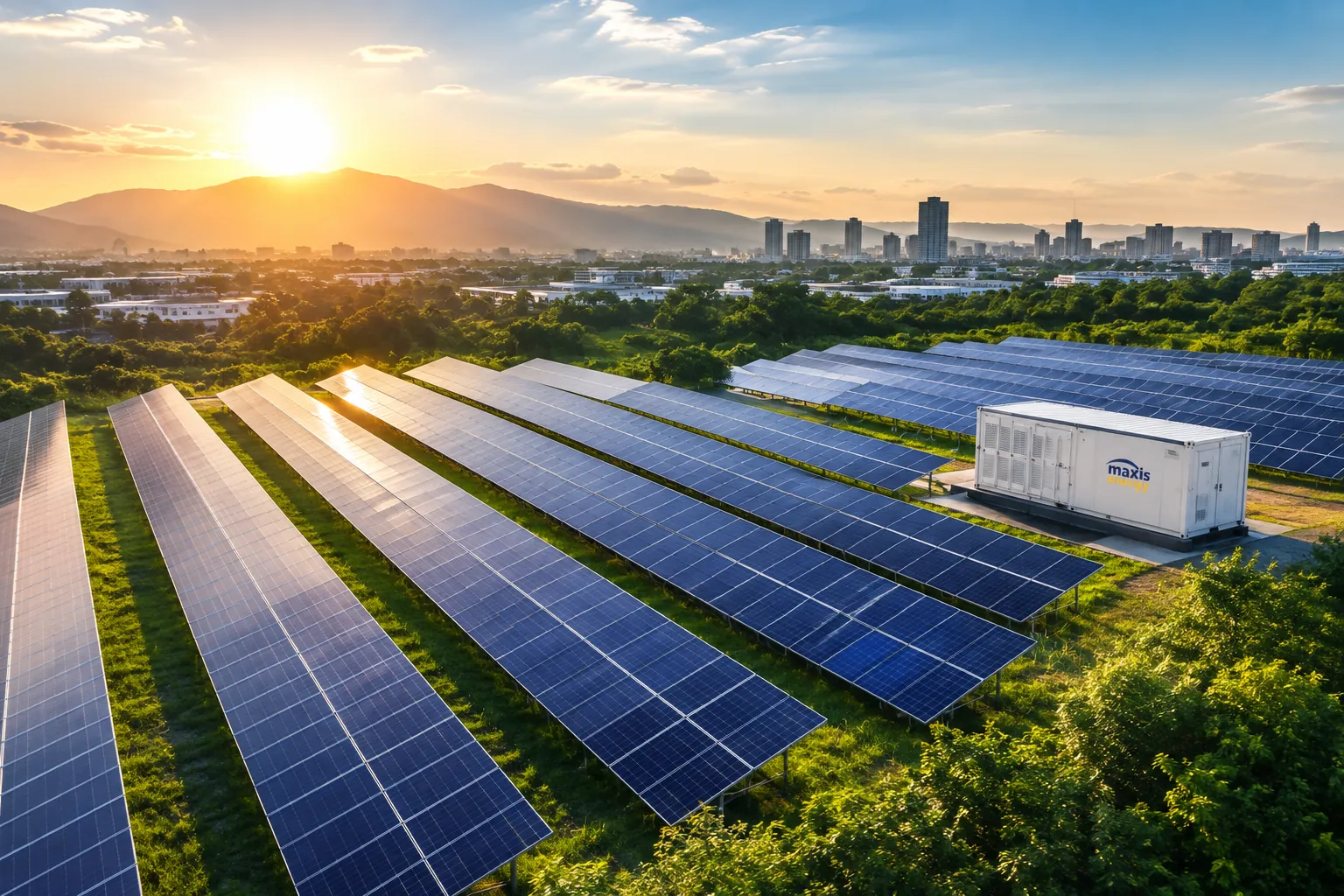 Rows of solar panels against a bright sky