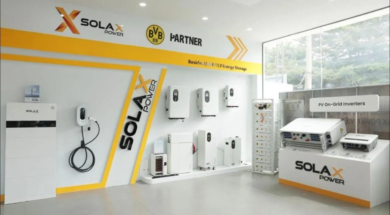 SolaX Power showroom display of inverters and energy storage battery systems